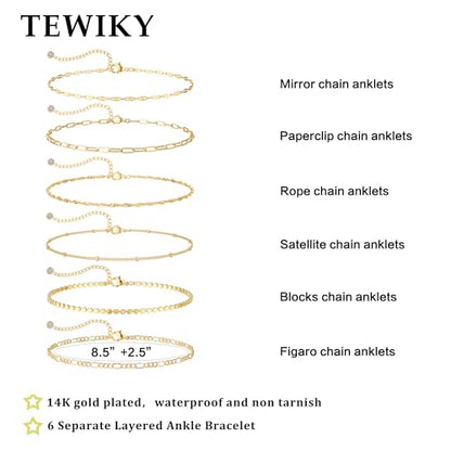 Tewiky Waterproof Ankle Bracelets for Women, 14K Real Gold Plated Anklets for Women 6PCS Anklet Set Dainty Summer Beach Jewelry - color: 6pcs set-A