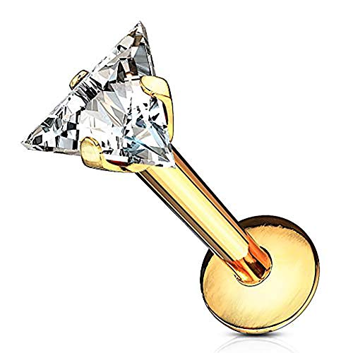 Forbidden Body Jewelry 16g Internally Threaded Surgical Steel Triangle CZ Labret Stud (Pick Color/Length) - color: Gold - 5/16" (8mm)