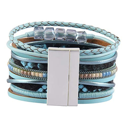 GelConnie Womens Leather Cuff Bracelet Feather Multi Strand Bracelet Wrap Bracelet Turquoise Boho Bangle Braided Leather Wristbands Bohemian Jewelry Gifts for Women Wife Sister - color: Feather Cuff Bracelet-blue