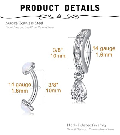 Silver Gold Belly Button Ring for Women Clicker Hoop Belly Rings Opal Navel Piercing Jewelry Dangle Hypoallergenic Surgical Steel Dainty Dangling Navel Rings for Women - color: A2 -4pcs new -silver