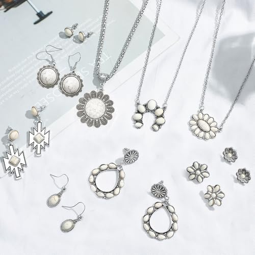 NEWITIN 20 Pieces Silver Bohemian Jewelry Set for Women Fashion Costume Jewels Turquoise Necklace Bracelet Ring Earrings Western Turquoise Jewelry Set for Women - color: Turquoise Jewelry White Set