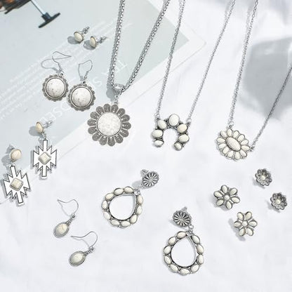 NEWITIN 20 Pieces Silver Bohemian Jewelry Set for Women Fashion Costume Jewels Turquoise Necklace Bracelet Ring Earrings Western Turquoise Jewelry Set for Women - color: Turquoise Jewelry White Set