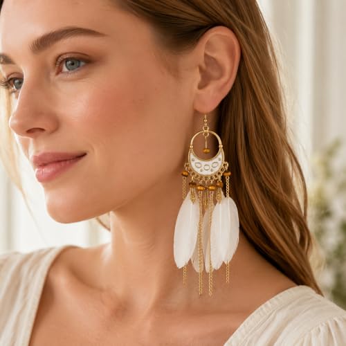 Boho White Feather Earrings for Women, Long Chain Chandelier Dangle Jewelry | Boho White Feather Earrings for Women, Long Chain Chandelier Dangle Statement Earrings for Beach Vacation, Festival and Party