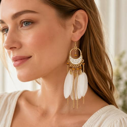 Boho White Feather Earrings for Women, Long Chain Chandelier Dangle Jewelry | Boho White Feather Earrings for Women, Long Chain Chandelier Dangle Statement Earrings for Beach Vacation, Festival and Party