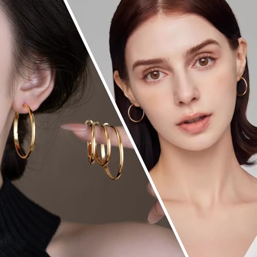 4 Pairs Silver Gold Hoop Earrings for Women | 14K Gold Plated Hoop Earrings Set Hypoallergenic Earring Lightweight Dangle Earrings Set - color: 4 Pairs Gold-(4mm Wide & Thin)