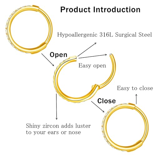 ORANGELOVE 20G 18G 16G Clear CZ Nose Ring Hoop 316L Surgical Steel Seamless Silver Septum Ring Clicker Jewelry Cartilage Earring Ear Piercing Hoop Earrings for Women Men Helix Rook Lobe Conch Tragus Daith Lip Hinged Piercing Jewelry with Cubic Zirconia -