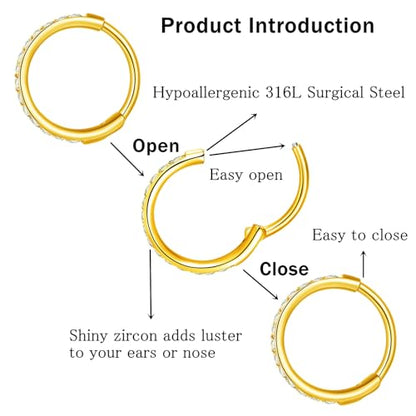 ORANGELOVE 20G 18G 16G Clear CZ Nose Ring Hoop 316L Surgical Steel Seamless Silver Septum Ring Clicker Jewelry Cartilage Earring Ear Piercing Hoop Earrings for Women Men Helix Rook Lobe Conch Tragus Daith Lip Hinged Piercing Jewelry with Cubic Zirconia -