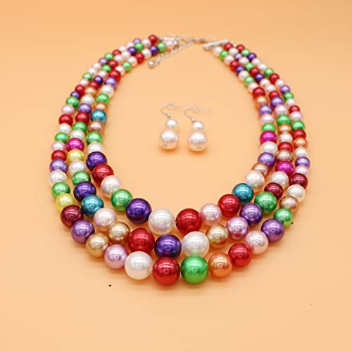 Chunky Layered Imitation Pearl Necklace for Women 3 strand Pearl Necklaces Faux Pearl Necklace Earrings Set 1920s Flapper Gatsby Costume Accessories - color: 3 strand pearl necklace colorful
