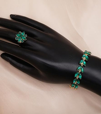 CSY Elegant Bridal Jewelry Sets Wedding Prom Homecoming Gown Accessories | Austrian Marquise Crystal Wedding Necklace Dangle Earrings Tennis Bracelet Ring Set for Bride Women Costume Accessories - color: green crystal-gold tone