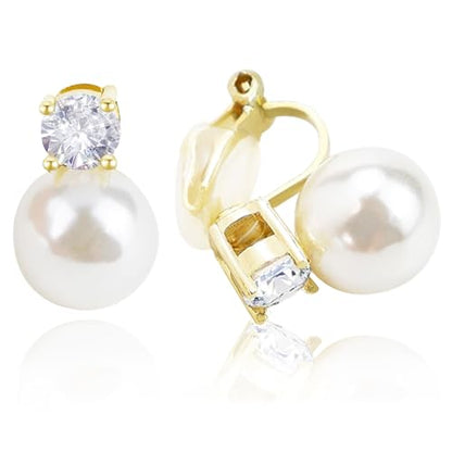 Gold Plated Pearl Clip on Earrings for Women, Non Pierced Earrings Ear Clips Jewelry for Wedding Bridal Gifts