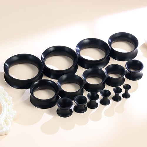 10G-25mm Thin & Thick Silicone Ear Gauges Tunnels Stretching Kit Double Flared Rubber Gauges Tunnels Plugs Flexible Soft Tunnels Earrings Gauge Kit for Women Men - color: Black 10G-25mm
