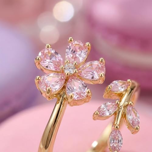 Flower Leaf Wrap Finger Ring for Women,Delicate Pink Crystal Floral Statement Open Ring,Adjustable Promise Engagement,Trendy Irregular Flower Accessories,Prom Jewelry Accessory