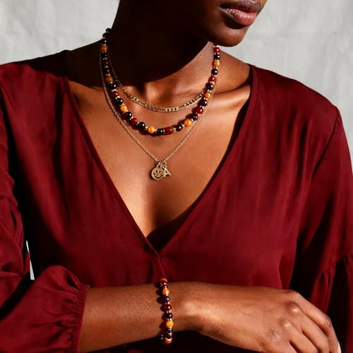 Beaded Necklaces for Women 3Pcs Colorful Boho Gemstone Bead Choker Summer Natural Stone Surfer Beach Bead Necklace Bracelets Earring Set Handmade Jewelry for Women Gift Jewelry Sets - color: Red