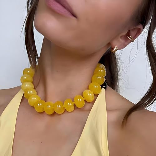 Chunky Beaded Statement Necklace for Women, Colorful Rondelle Bead, Bohemian Style, Adjustable Length, Summer Beach Accessory - color: bright yellow