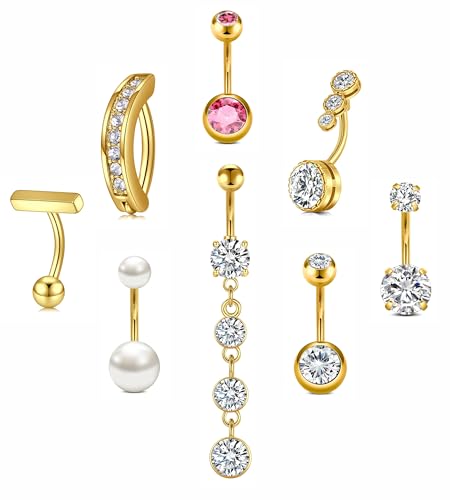 Silver Gold Belly Button Ring for Women Clicker Hoop Belly Rings Opal Navel Piercing Jewelry Dangle Hypoallergenic Surgical Steel Dainty Dangling Navel Rings for Women - color: D2-8pcs-Gold