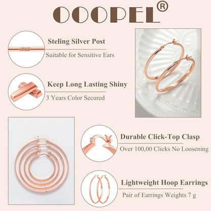 3mm Wide Large Hoop Earrings for Women Hypoallergenic 925 Sterling Silver Post Gold Earrings Lightweight Silver Hoop Earrings Oversize Big Gold Hoops 30/40/50/60MM - color: Rose Gold, size: 40mm