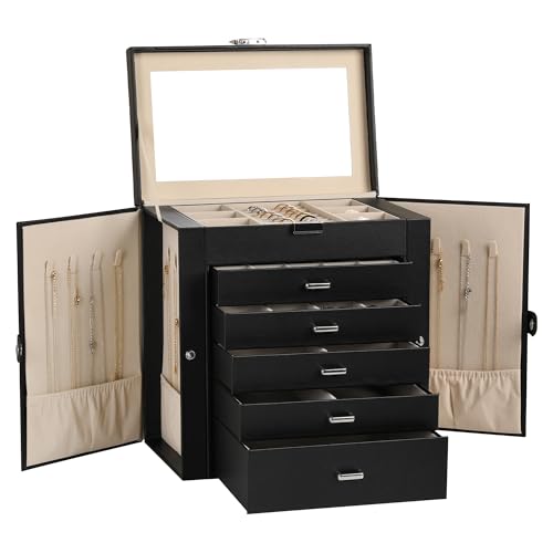 Frebeauty 6-Layer Jewelry Box for Women,Large Jewelry Organizer with Drawer | Faux Leather,Built-in Mirror,Spacious Jewelry Storage,16 Necklace Hooks,Organizing by Category for Rings Earrings Bracelet - color: Black, size: Large