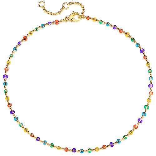 Gold Anklets for Women 14K Gold Plated Tiny Bead Anklet Colorful Tassel Foot Chain Dainty Adjustable Cute Summer Beach Boho Anklets Jewelry Gift - color: colorful beads