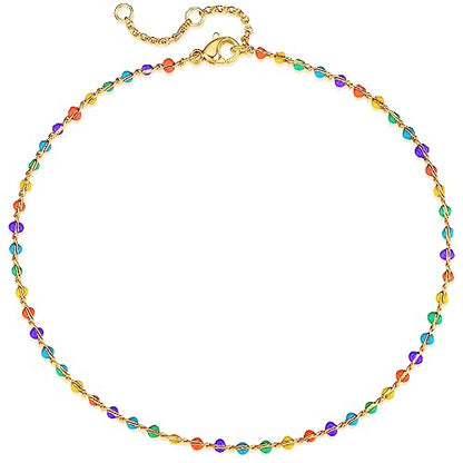 Gold Anklets for Women 14K Gold Plated Tiny Bead Anklet Colorful Tassel Foot Chain Dainty Adjustable Cute Summer Beach Boho Anklets Jewelry Gift - color: colorful beads