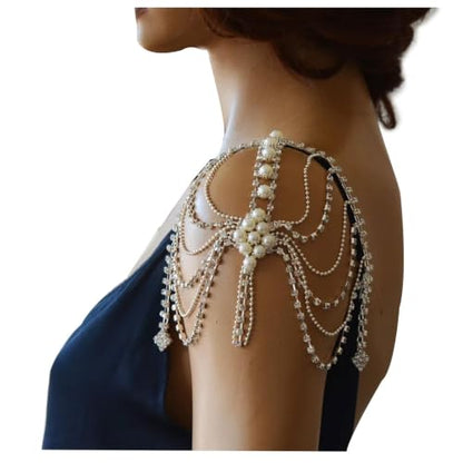 Mulit-layered Pearl Shoulder Chain Jewelry Festival Rave Rhinestone Bra Chain Sexy Bridal Wedding Crystal Arm Chain Jewelry for Women - color: Silver