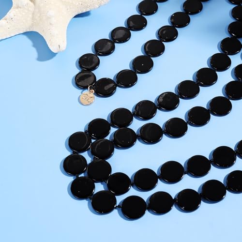 Firstmeet Flat Round Coin Shell Beads Long Knotted Necklace Natural Mother of Pearl Handmade Jewelry For Women - color: Black