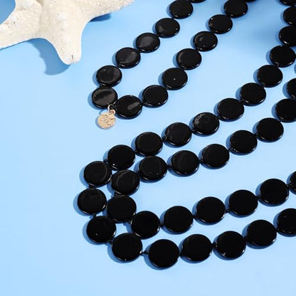 Firstmeet Flat Round Coin Shell Beads Long Knotted Necklace Natural Mother of Pearl Handmade Jewelry For Women - color: Black