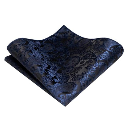 JEMYGINS Mens Solid Color Paisley Necktie and Pocket Square with Tie Clip Sets - color: Navy Blue