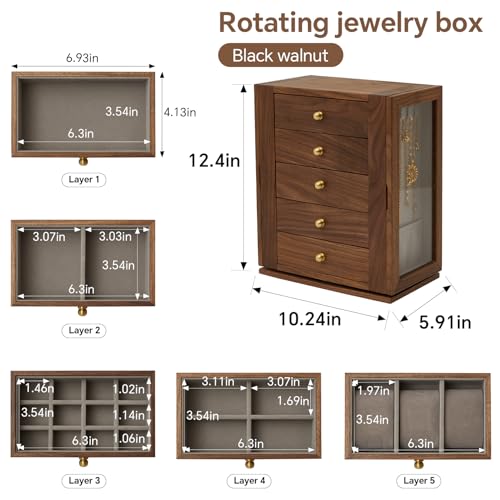 360 Rotating Design Wooden Jewelry Box for Women | Large Jewelry Organizer with Velvet Lining, 5 Drawers, Transparent Glass Doors, Black Walnut Wood Grain - size: Rotation