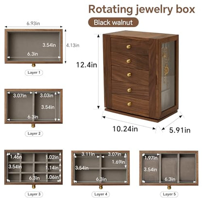 360 Rotating Design Wooden Jewelry Box for Women | Large Jewelry Organizer with Velvet Lining, 5 Drawers, Transparent Glass Doors, Black Walnut Wood Grain - size: Rotation