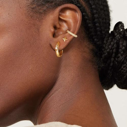 DREMMY STUDIOS Gold Dainty Huggie Hoop Earrings 18K Gold Plated Exquisite Open Tassel Dangle Charm Drop Sleeper Geometric Cross Coin Star Heart White CZ Simple Hypoallergenic Earrings for Women - color: Simple Hoop