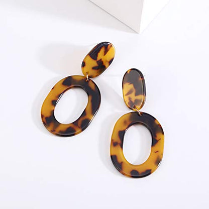 Oval Drop Dangle Earrings for Women, Statement Geometric Ellipse Dangling Earrings - color: Tortoise Color