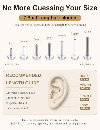 Titanium Flat Back Earrings, 7 Post Length Options, 18G Cartilage Earrings for Sensitive Ears Women Men, Internally Threaded Stud Earrings with CZ & Ball Tops, Helix Tragus Conch Piercing Jewelry