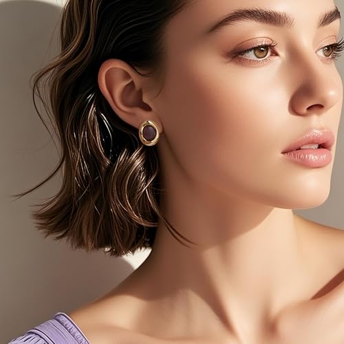 Jean Beau Chunky Gold Stone Stud Earrings for Women, Trendy Natural Gemstone Hypoallergenic Earing Valentine Jewelry Gift - color: Amethyst Purple