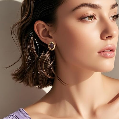 Jean Beau Chunky Gold Stone Stud Earrings for Women, Trendy Natural Gemstone Hypoallergenic Earing Valentine Jewelry Gift - color: Amethyst Purple