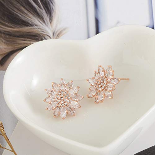 Crystal Flower Burst Stud Earirings - Big Sterling Silver CZ Cubic Zirconia Rhinestone Daisy Sunflower Floral Cluster Studs Bridal Wedding Party Prom Costume Jewelry for Bride Bridesmaids Women Birthstone Birthday Gift - color: Rose Gold