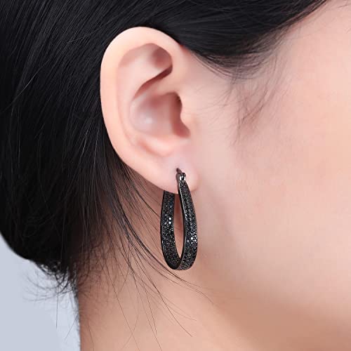 925 Sterling Silver Post Hoop Earrings for Women Gilrs Multcolors Cubic Zircon Hoops 14K Gold Plated Oval Chunky Hoop Earrings Jewelry Gift for Mothers Day/July 4th/Wedding/Party/Christmas - color: Black