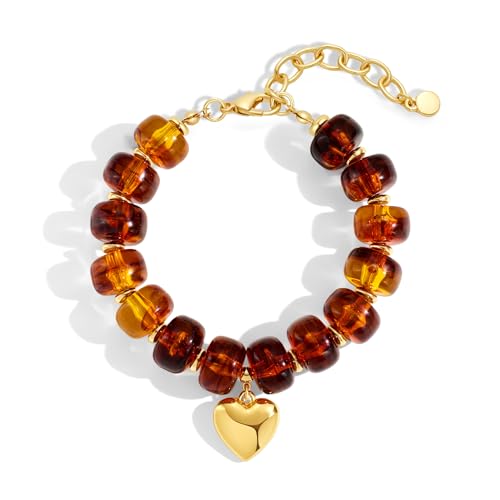 WOWORAMA Colorful Beaded Bracelets for Women Multicolor Acrylic Resin Beads Bracelet with Heart Charm Boho Statement Chunky Bracelet Summer Holiday Jewelry - color: Heart-Brown
