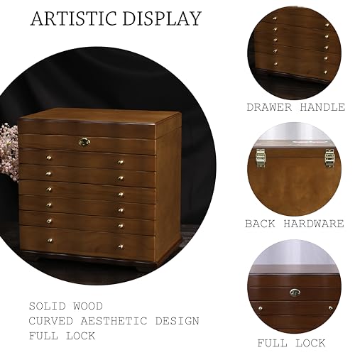Solid Wood Jewelry Box w/Lock, 9-Layer Large Storage Organizer | Wooden Jewelry Cabinet for Women, 100+Compartments Armoire, Velvet Lining Drawers, Wavy Curved Glossy Brown Rustic Gift - style: Rustic