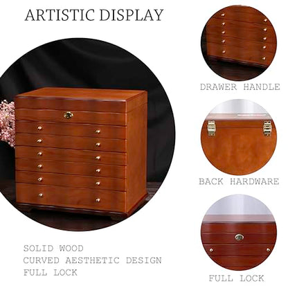 Solid Wood Jewelry Box w/Lock, 9-Layer Large Storage Organizer | Wooden Jewelry Cabinet for Women, 100+Compartments Armoire, Velvet Lining Drawers, Wavy Curved Glossy Brown Rustic Gift - style: Rustic