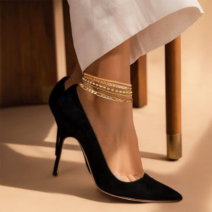 Gold Ankle Bracelets for Women,14k Gold Plated Anklets Waterproof Cuban Link Tennis Herringbone Beaded Chain Anklets Set Layered Anklet Bracelets for Women Adjustable Summer Beach Jewelry 5pcs - color: B:Gold mariner +figaro+ball+ bead+ shard