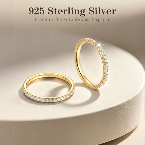 2mm 925 Sterling Silver Rings Gold Engagement Wedding Bands Eternity Cubic Zirconia Simulated Diamond 2pairs Stackable Ring for Women Size 5-10 - color: Gold