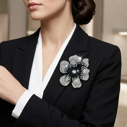 3.74 Inches Rhinestone Camellia Flower Brooch Pins & Hair Clips for Women Elegant Created Crystal Lapel Pin Brooches Wedding Party - color: Black & White