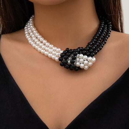 Knot Pearl Choker Necklace For Women 1920s Faux Pearl Bead Statement Necklace Adjustable Twisted Knot Charm Necklaces Jewelry Valentine Christmas Gift - color: Black