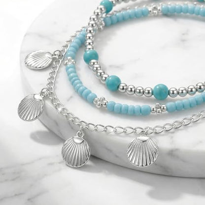 Silver Blue Beaded Shell Charm Layered Anklet Set for Women, Boho Handmade 3Pcs Beads Pearls Anklets Summer Beach Ocean Accessories Jewelry Gift