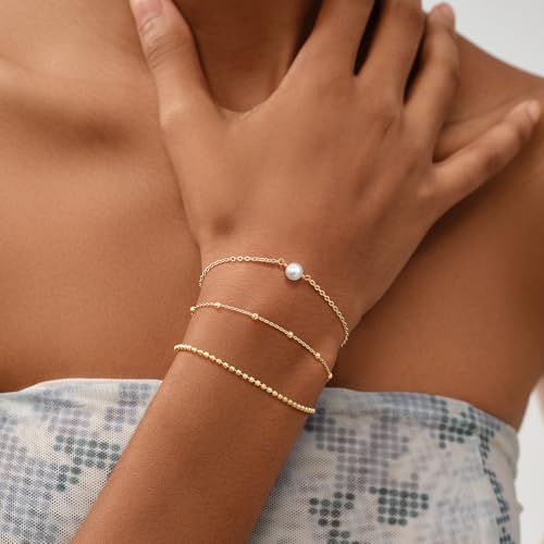 MEVECCO Dainty Chain Bracelets for Women, Layered and Charm Styles | 14K Gold Plated Brass, Select Cubic Zirconia Accents, Single and Multi-Row Structures for Refined Everyday Wristwear - style: Pearl