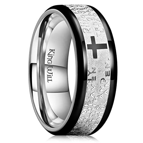 King Will Stainless Steel Men Ring Lord's Prayer Cross Ring Stainless Steel Men Wedding Ring, Wedding Band Bible Engraved Rings High Polished, Comfort Fit | 8mm, Gold/Silver/Black Wedding Band, Bible Engraved Rings, High Polished, Comfort Fit, Size 7-14 -
