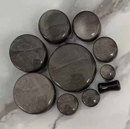 PAIR of Stunning Silver Obsidian Organic Natural Stone Double Flare Plugs - Gauges - Body Jewelry - size: 1" (25mm)