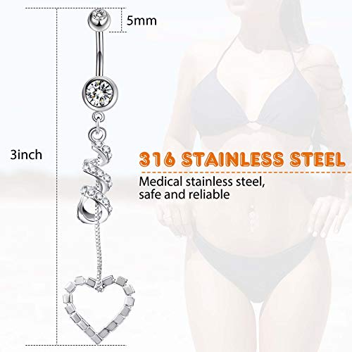 Yaomiao 18 Pcs 14G Stainless Steel Belly Button Ring Rhinestone Heart Dangle Belly Button Rings for Women - color: Silver, Elegant Style