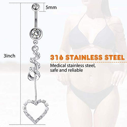 Yaomiao 18 Pcs 14G Stainless Steel Belly Button Ring Rhinestone Heart Dangle Belly Button Rings for Women - color: Silver, Elegant Style