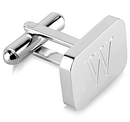 18K White-Gold Plated Initial Engraved Stainless Steel Men’s Cufflinks With Gift Box -Personalized Alphabet Letter’s A-Z By Lux & Pair - style: W- White Gold